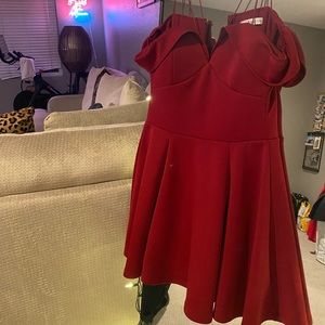 Burgundy, off the shoulder dressy dress. Wore to company Christmas dinner.